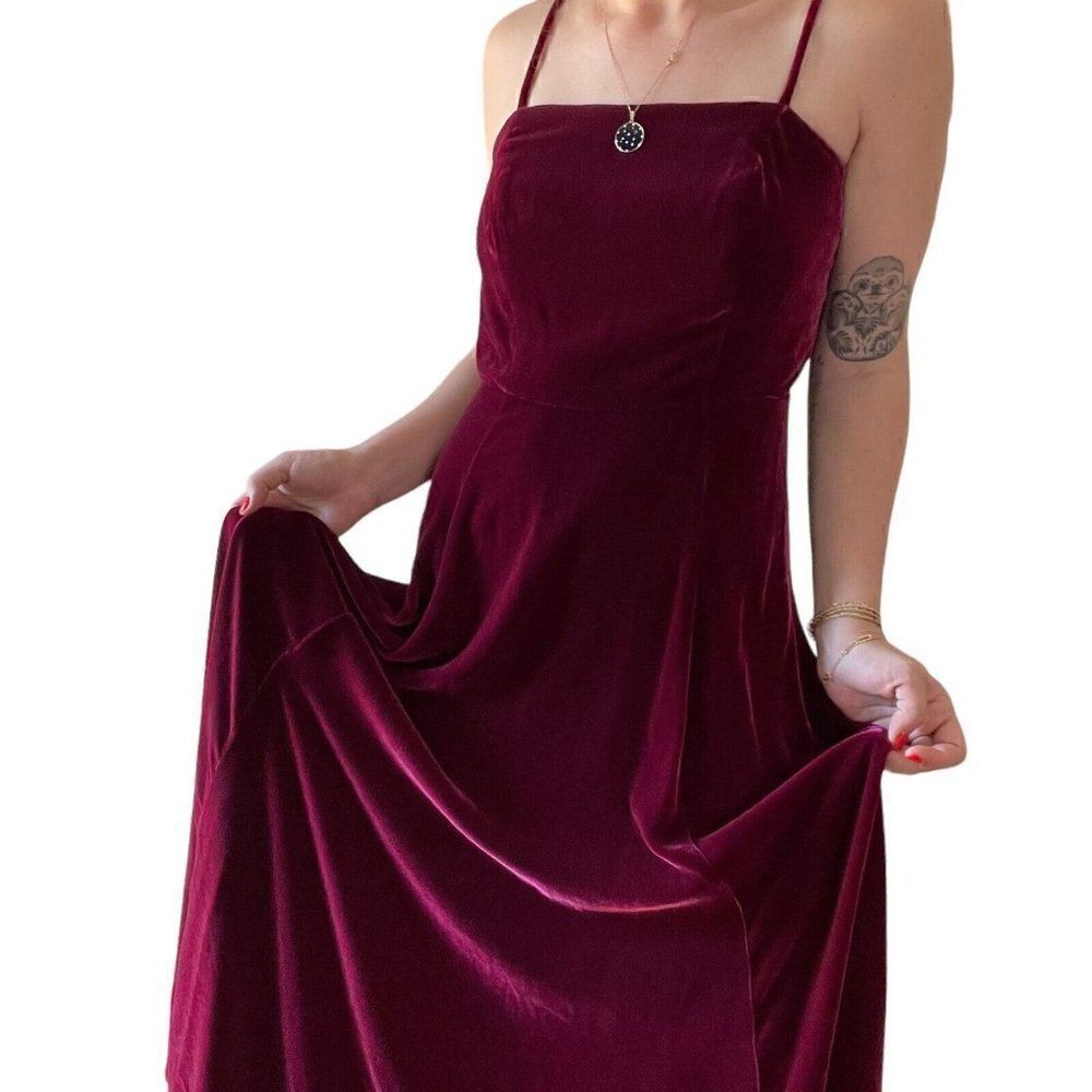 Vintage 1970s Womens Bonnie Strauss Red Crushed Velvet Square Neck Maxi Dress S - Picture 8 of 8
